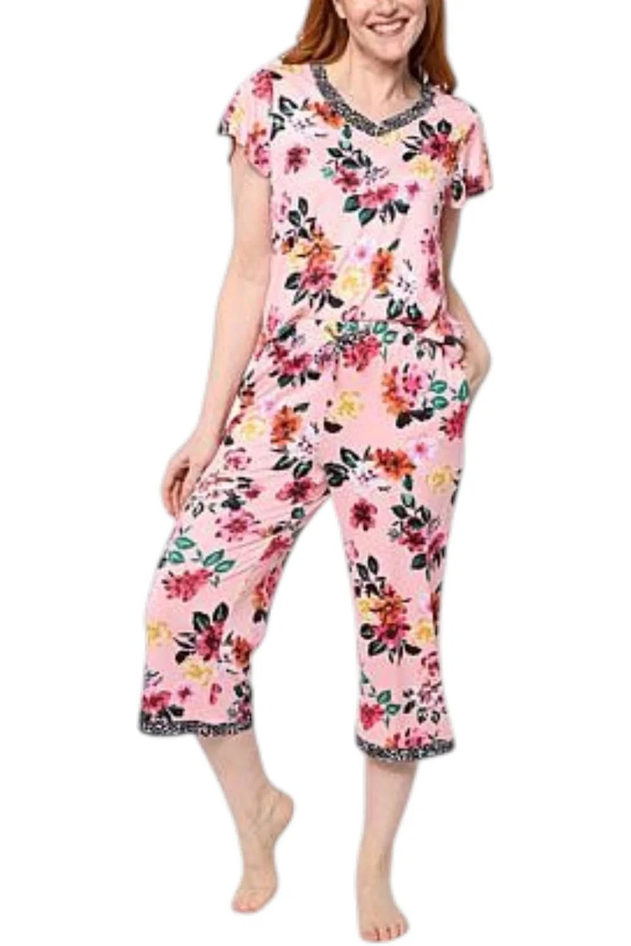 Comfort Code Women's Soft & Light V-Neck & Capri Pant PJ Set Bouquet - Petite